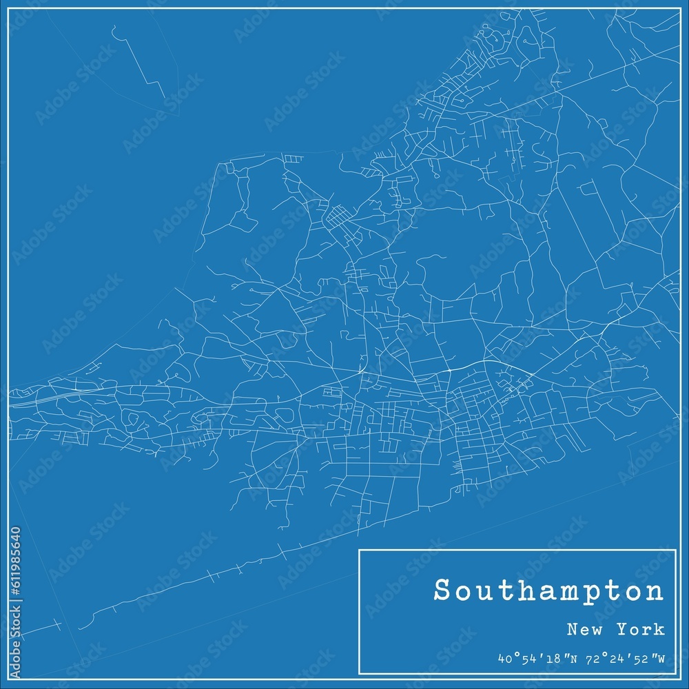 Blueprint US city map of Southampton, New York.