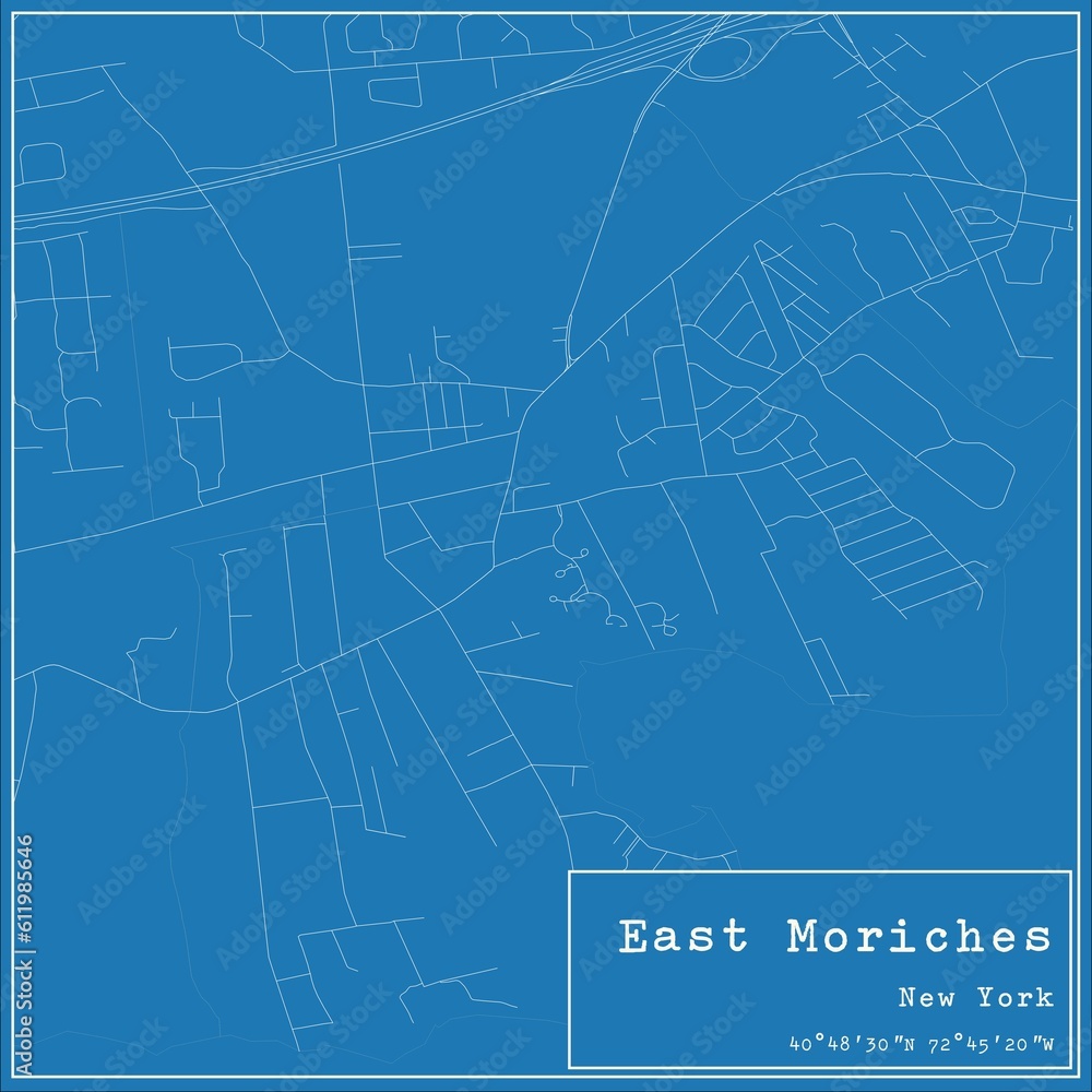 Blueprint US city map of East Moriches, New York.