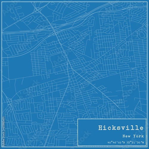 Blueprint US city map of Hicksville, New York.
