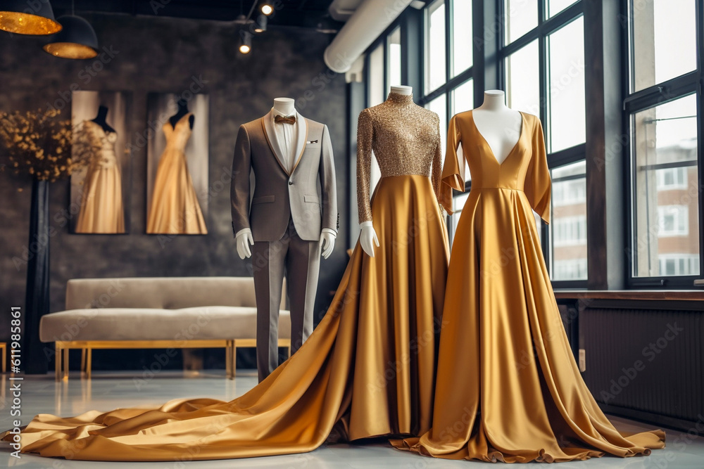 Elegance dress and suit. Boutique interior design, super photo realistic background. Generative ai illustration Elegance dress and suit. Boutique interior design, super photo realistic background. Generative ai illustration