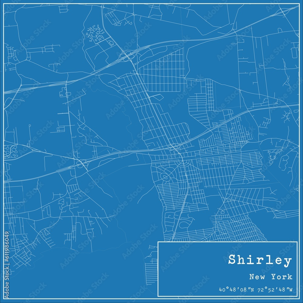 Blueprint US city map of Shirley, New York.