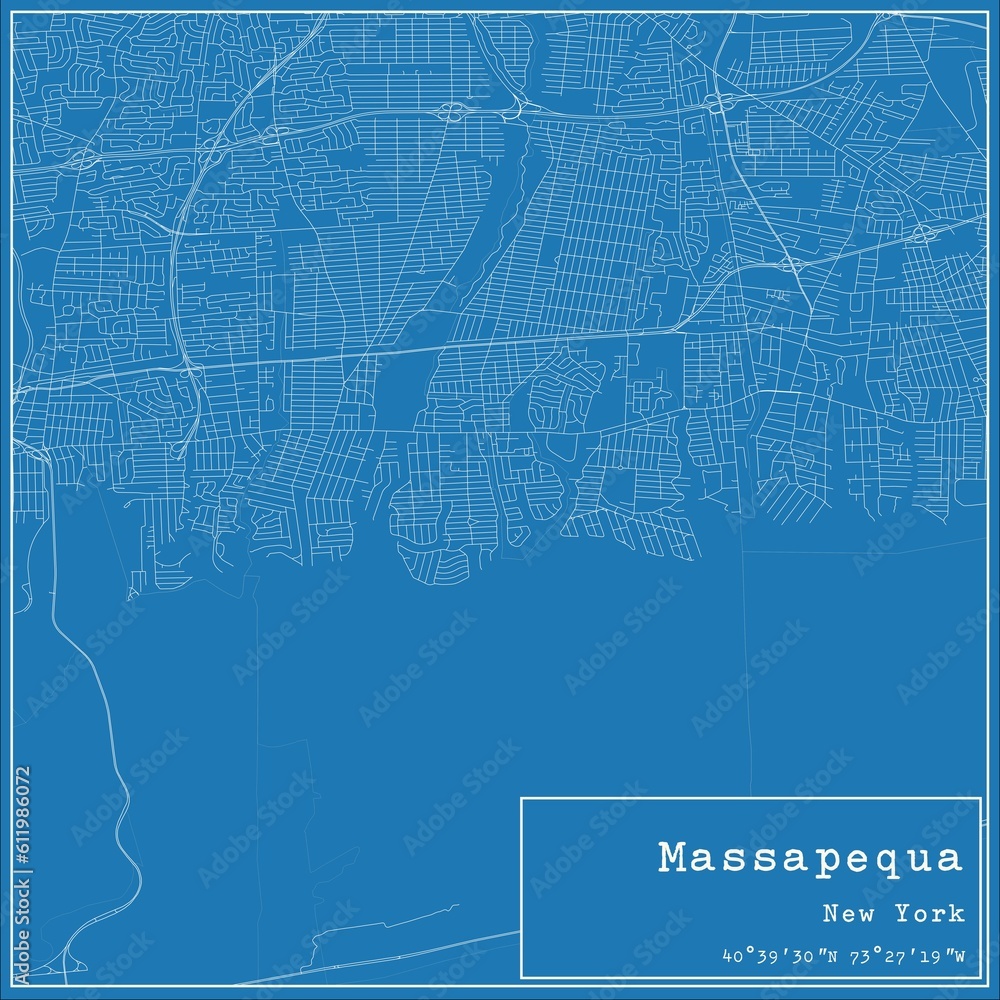 Blueprint US city map of Massapequa, New York.