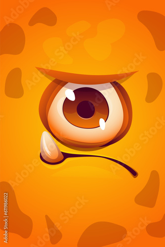 Cute cartoon monster face. Design for print, sticker, party decoration, logo, emblem, magazine prints or journal article, t-shirt design, poster. Vector illustration of Halloween cool monster 
