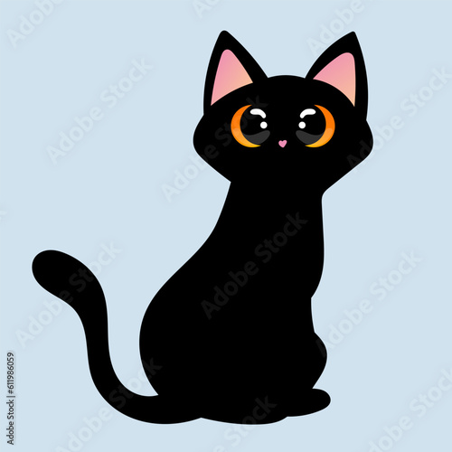 Cartoon black cat with big eyes. Design for print, sticker, party decoration, logo, emblem, magazine prints or journal article, t-shirt design, poster. Vector illustration 