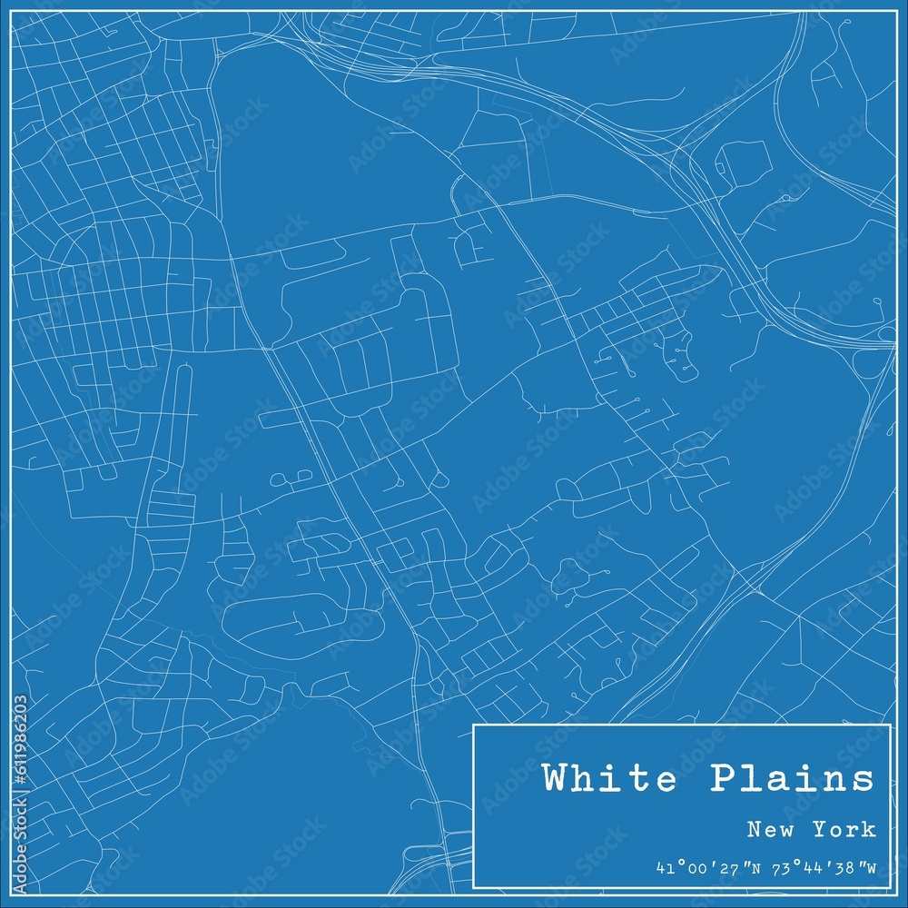 Blueprint US city map of White Plains, New York.