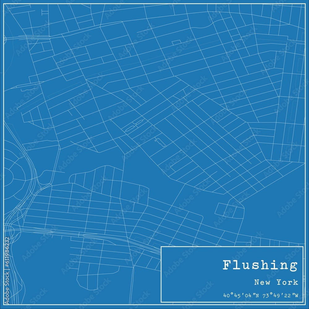Blueprint US city map of Flushing, New York.