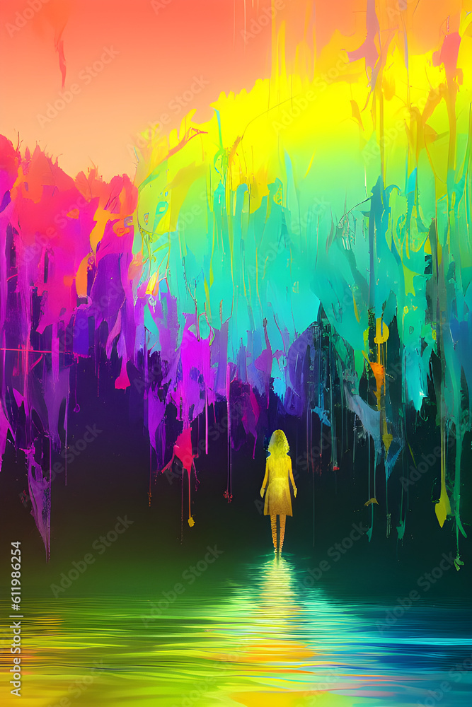 Obraz premium Silhouette of a girl walking in the rainbow. Generative AI
