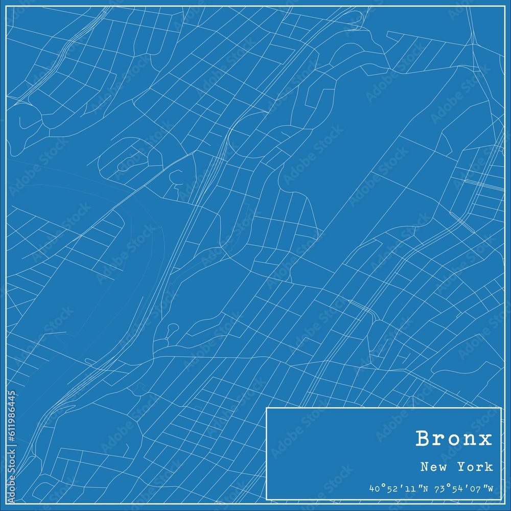 Blueprint US city map of Bronx, New York.