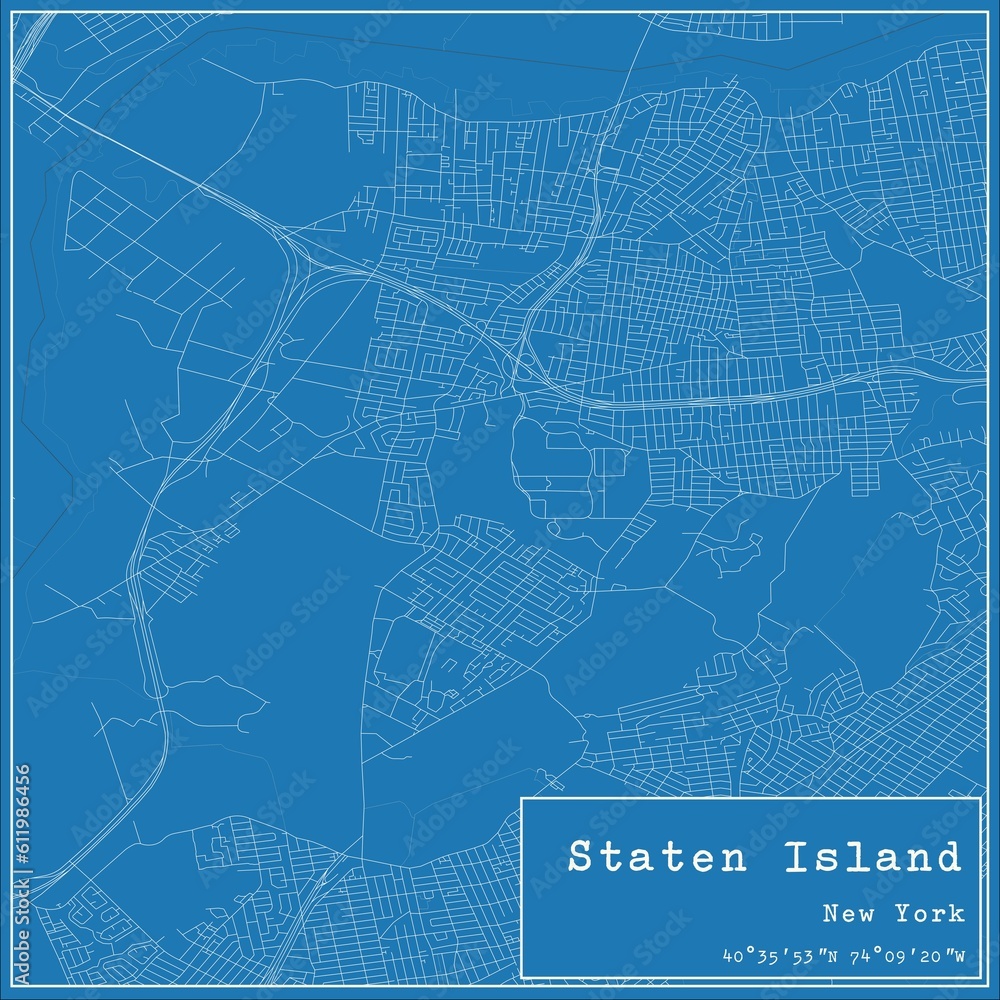 Blueprint US city map of Staten Island, New York.