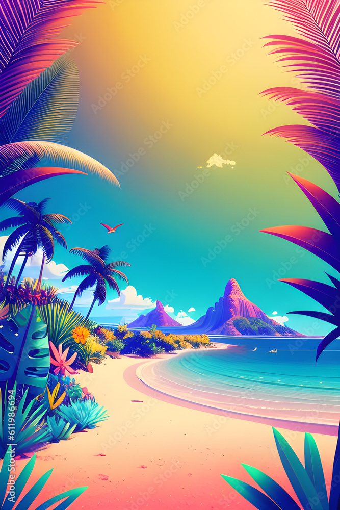 Tropical island with palm trees, digital illustration. Generative AI