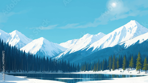 Beautiful Melting Frozen Lake Scenery with Pine Trees and Mountains Hand Drawn Painting Illustration