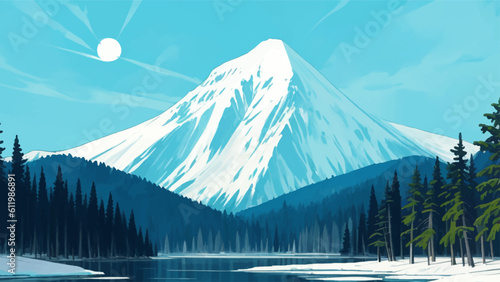 Beautiful Melting Frozen Lake Scenery with Pine Trees and Mountains Hand Drawn Painting Illustration
