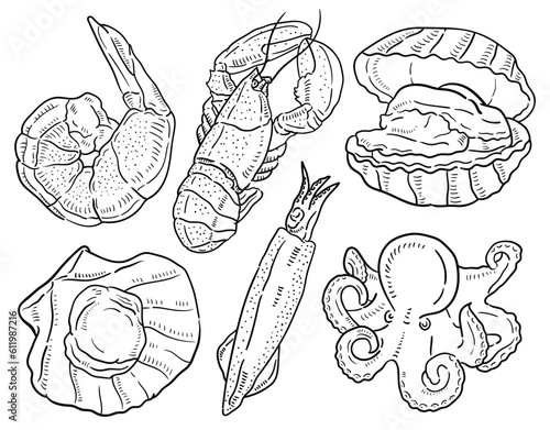  Seafood. vector hand drawn illustration