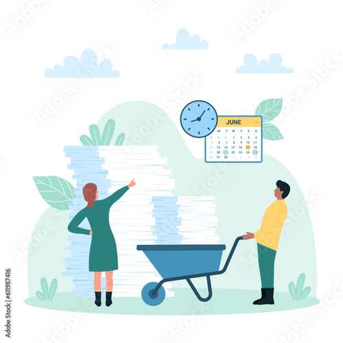 Bureaucracy and office paperwork management vector illustration. Cartoon tiny busy people holding wheelbarrow full of paper documents pile to work with data and unorganized business information