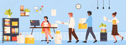 Office bureaucracy vector illustration. Cartoon employees carrying stacks and piles of paper documents for female boss sitting at table, among scattered folders of unorganized information and boxes