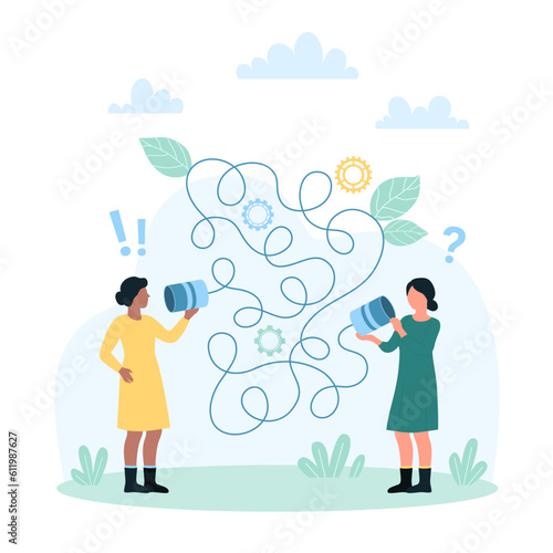 Bad communication vector illustration. Cartoon tiny girls with tin can telephone have miscommunication barrier, confused women friends listening phone on tangled network string and misunderstanding