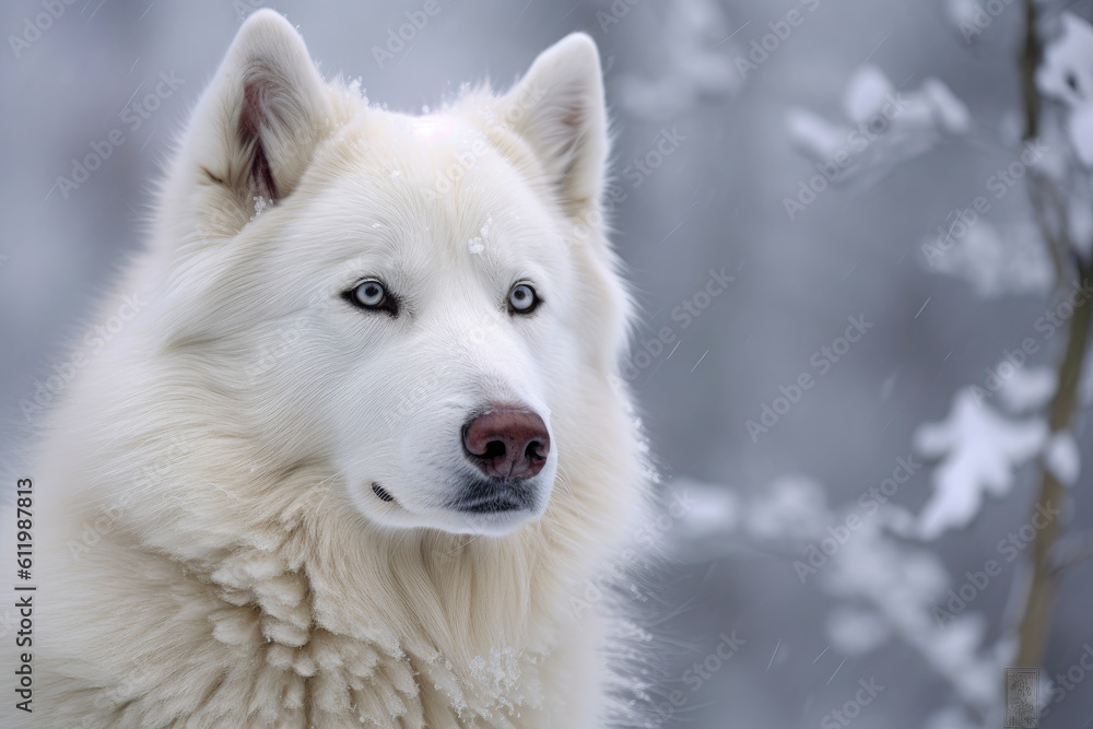 A white husky is standing in the snow A white husky is standing in the snow