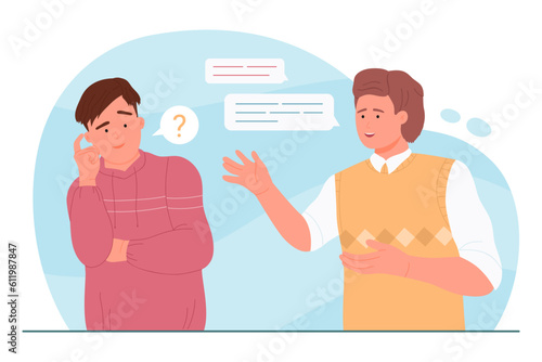 Communication problem of people vector illustration. Cartoon two male characters talking with miscommunication in dialogue, confused young man with question mark misunderstanding conversation