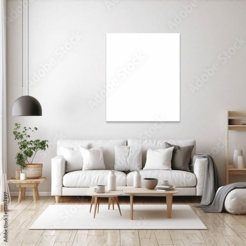 mockup blank white canvas on the wall  in the living room