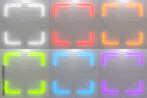 Fototapeta Naklejka Na Ścianę i Meble -  Set of realistic neon sign of colorful square frames on white brick wall background. 3d render.