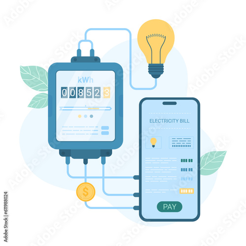 Electricity bill payment online vector illustration. Cartoon mobile phone of consumer with digital app for paying money for electric energy, communication between smartphone, meter and light bulb