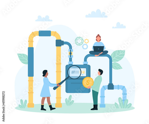 Gas bill payment vector illustration. Cartoon tiny people check gas meter readings and price with magnifying glass, customer characters pay money online for supply service and heating of family house
