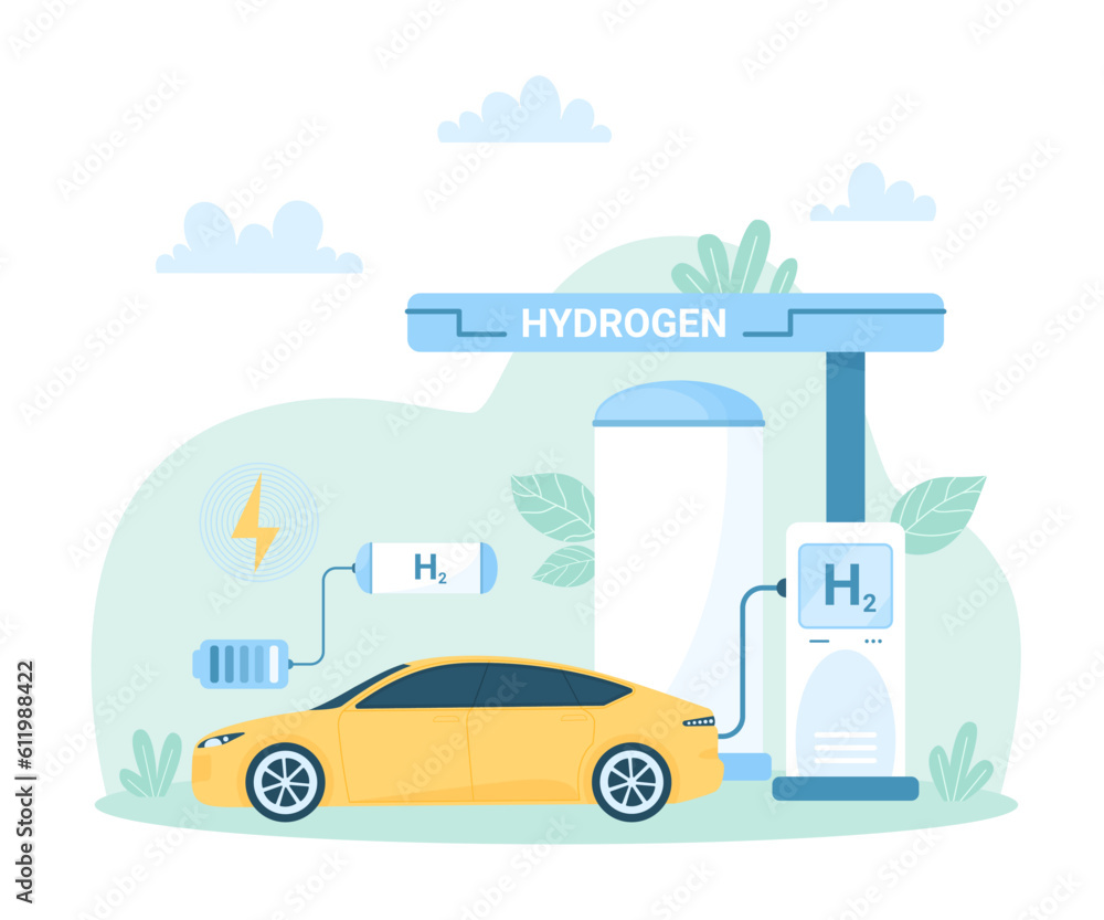 Fuel cell vehicle, scheme of H2 station to charge car battery vector illustration. Cartoon eco transport with green hydrogen engine, zero emissions automotive technology, sustainable power plant
