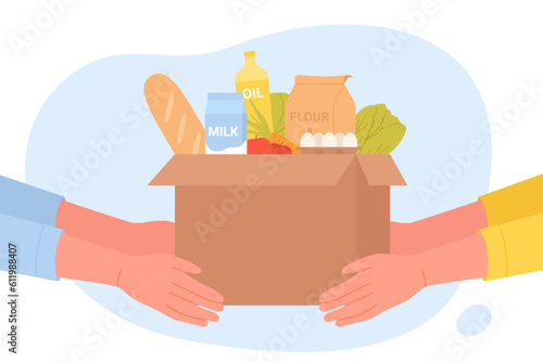 Humanitarian aid Charity concept vector illustration. Cartoon hands of volunteers hold box with grocery products to help and support injured people