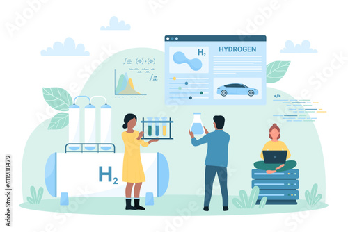 Green hydrogen production and research vector illustration. Cartoon tiny people holding test tubes to study how to make H2 fuel and renewable energy, scientists characters work in chemical laboratory