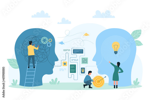Psychology, recovery mental disorder problem vector illustration. Cartoon tiny people unravel tangled thread and puzzle chaos inside human head, support and untangle wire to light bulb in brain