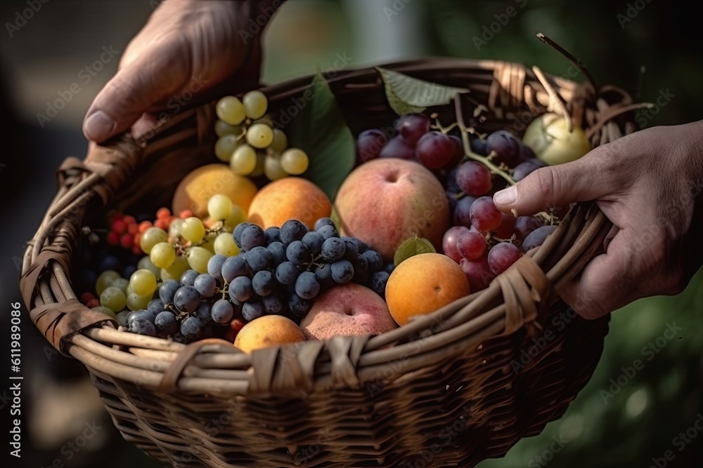 Organic fresh fruit in a wicker basket in the hands of a farmer. Seasonal harvest. Generative AI