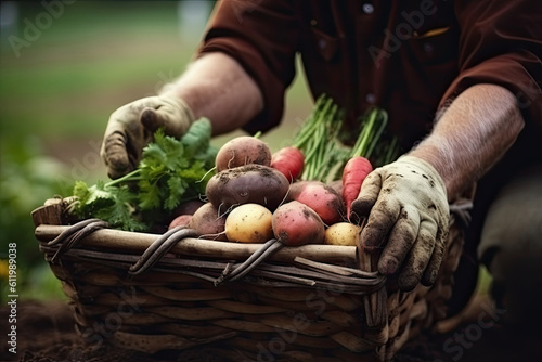Organic vegetables in a basket, harvesting. Generative AI