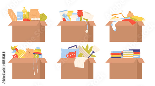 Cardboard boxes set with humanitarian aid vector illustration. Cartoon isolated charity boxes full of food and medicines, books and toys for kids, clothes