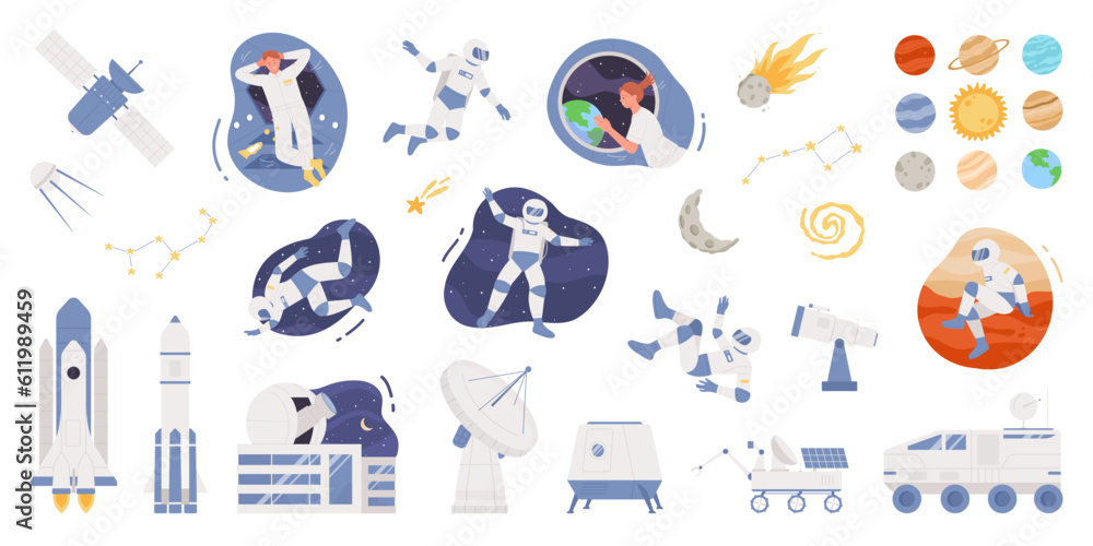 Space set vector illustration. Cartoon isolated collection with male and female astronauts inside and outside of spaceship, solar system planets and satellite, shuttle, observatory telescope and rover Space set vector illustration. Cartoon isolated collection with male and female astronauts inside and outside of spaceship, solar system planets and satellite, shuttle, observatory telescope and rover