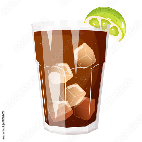 Cuba libre cocktail decorated with lime.