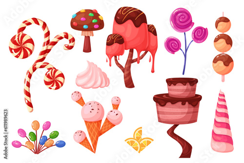 Fantasy candy plants set vector illustration. Cartoon isolated confectionery collection with trees and mushrooms of fantastic world, flower with lollipop crown and cane, chocolate and caramel flowing