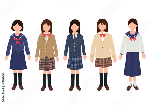 制服を着た中高生女子のシンプルイラストセット