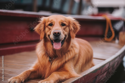 A happy retriever lies on a dock near the water. Generative Ai.