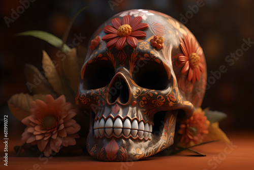  Calavera (Sugar Skull) in a traditional style for Dia de Los Muertos (Day of the dead). Flowers and skeleton skull dark orange skull and flowers Generative AI