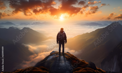 Fictional Hiker stands with back to the camera at the summit of a difficult mountain climb to be greeted with a beautiful view of the sunrise Generative AI