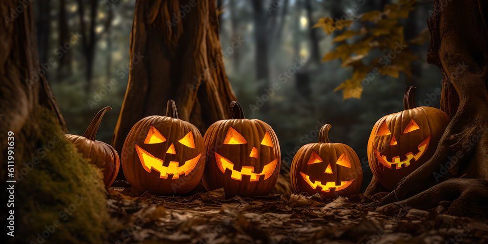 Halloween Pumpkins In A Spooky Forest At Night Generative AI Halloween Pumpkins In A Spooky Forest At Night Generative AI