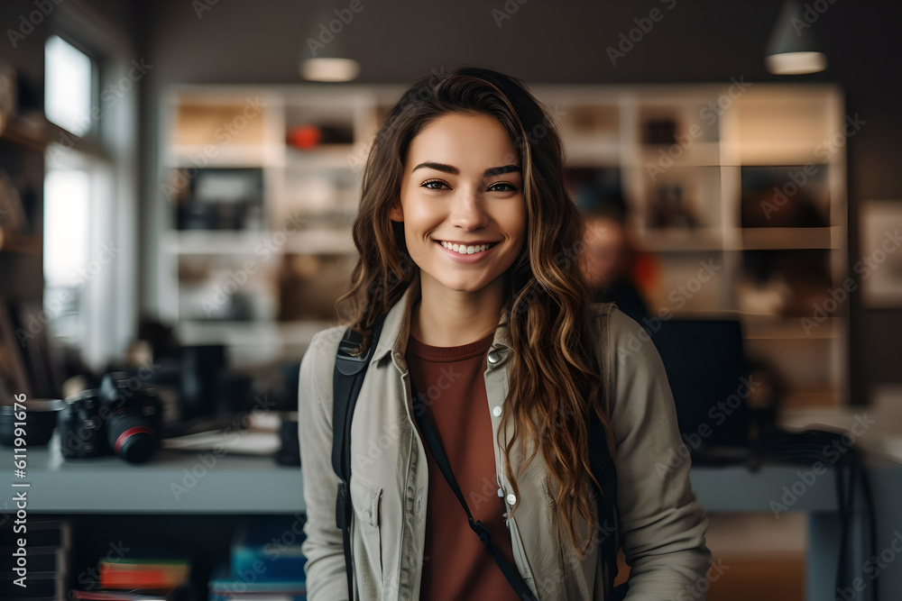 appy female designer standing in office photorealistic Ai generated