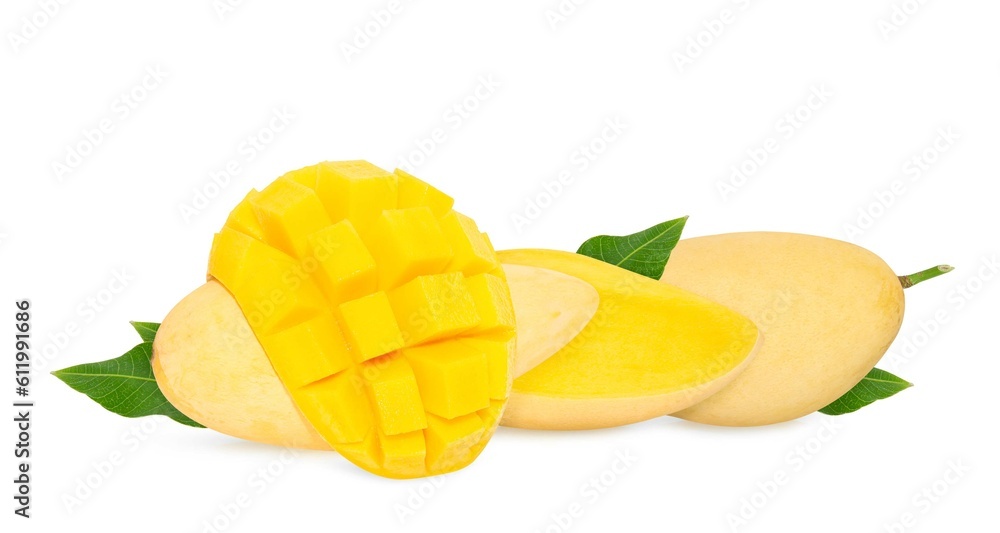 Mango isolated. Fresh organic mango with leaves on white background. Mango with clipping path