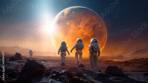 A group of friends in futuristic spacesuits  exploring a mysterious alien ruin on a distant planet. Generative ai.