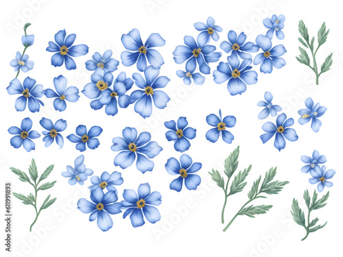 set of watercolor forget not me flower elements on transparent background,generative ai