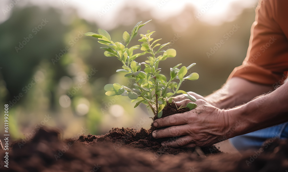 Fototapeta premium Person planting trees or working in community garden promoting local food production and habitat restoration, concept of Sustainability and Community Engagement Generative AI
