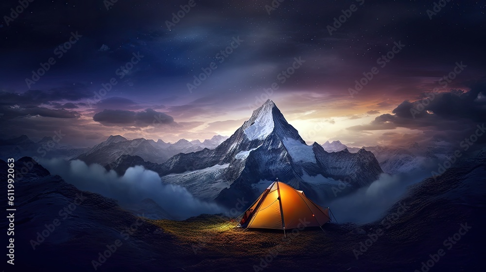 A serene mountain peak with an empty camping tent, suitable for showcasing outdoor gear or adventure equipment. Generative ai.