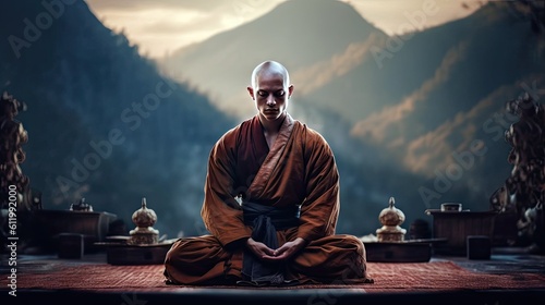 A person with a shaved head and tattoos, practicing martial arts in a serene mountain temple. Generative ai.