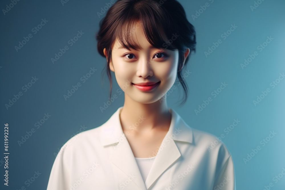 Beautiful Japanese female doctor, portrait in hospital. Generative AI Beautiful Japanese female doctor, portrait in hospital. Generative AI