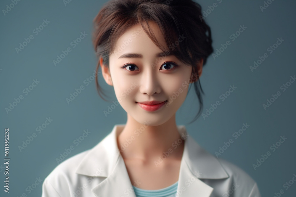 Beautiful Japanese female doctor, portrait in hospital. Generative AI Beautiful Japanese female doctor, portrait in hospital. Generative AI